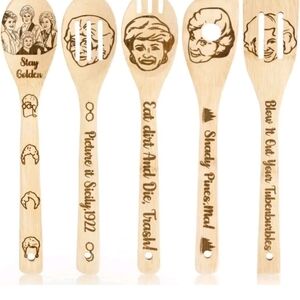 5 PC Golden Girls Inspired Full Size Wooden Spoon Set, NEW, Bamboo, Nostalgic